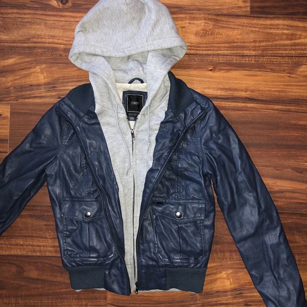 OBEY Navy Leather Jacket / Hoodie